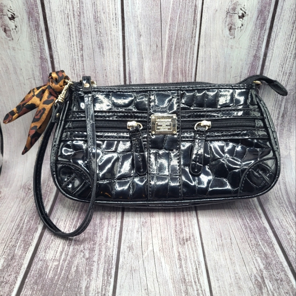 NWT Liz Claiborne Black Faux Croc Wristlet Clutch with Leopard Scarf Accent
